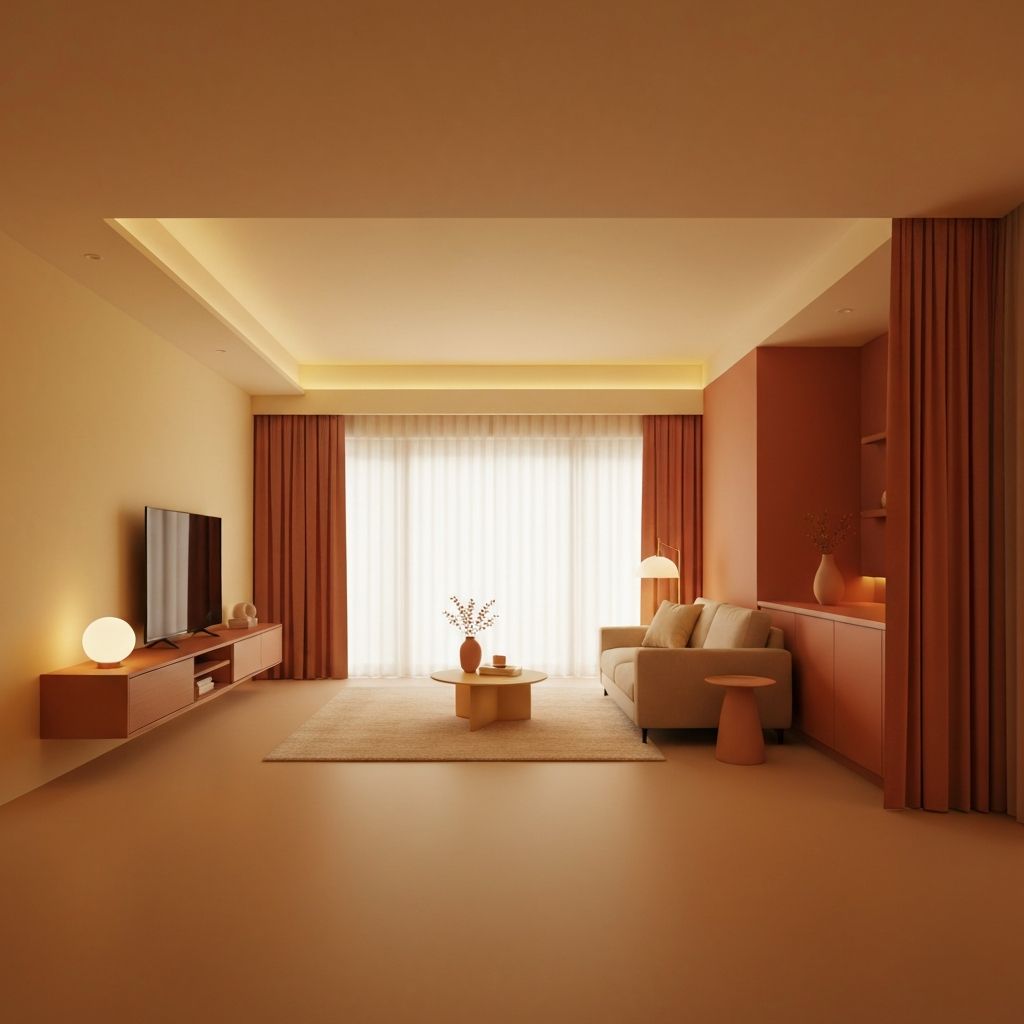 Calm evening interior with warm lighting and peaceful atmosphere
